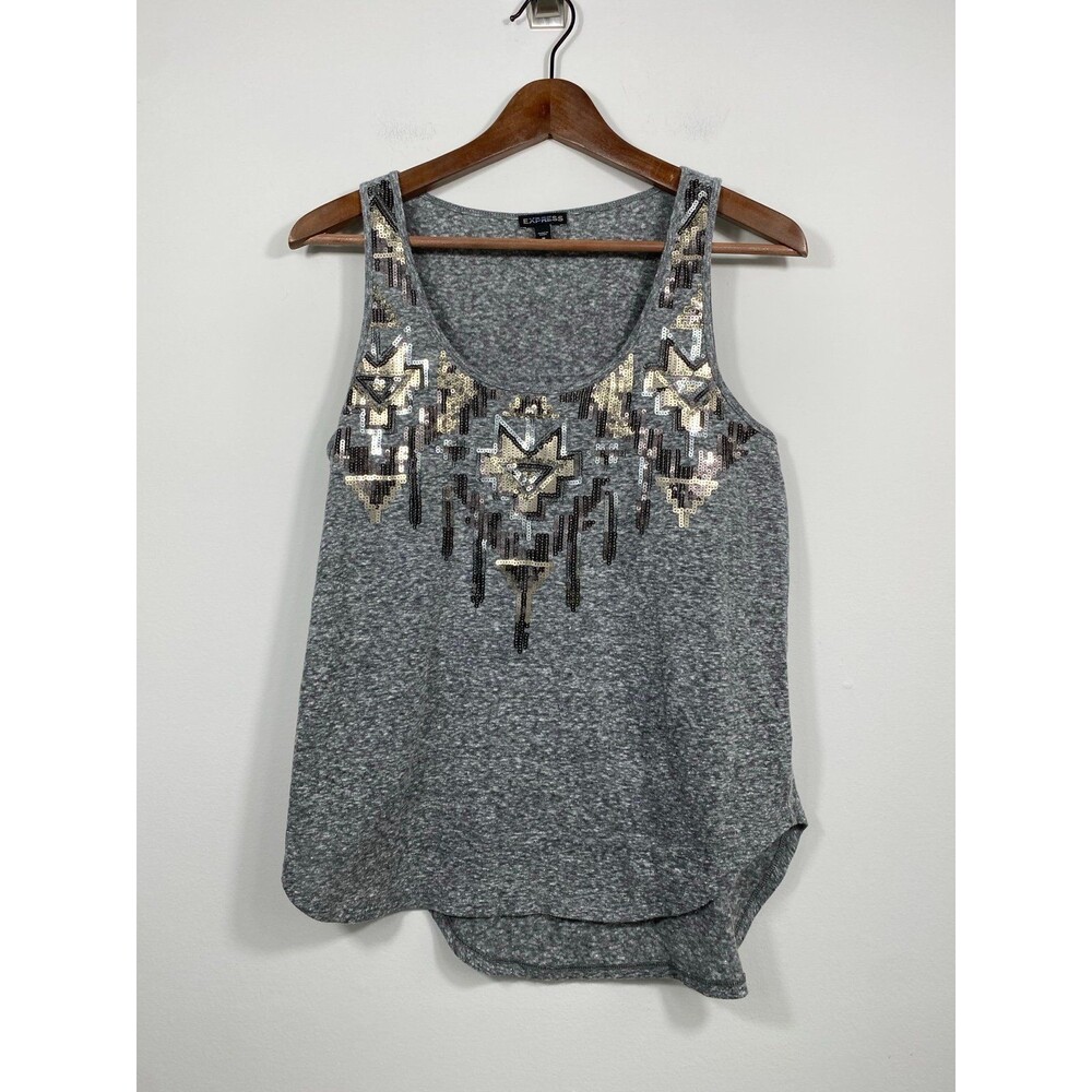 Express Sequin Aztec Tank Top Gray Sleeveless Medium Boho Festival
